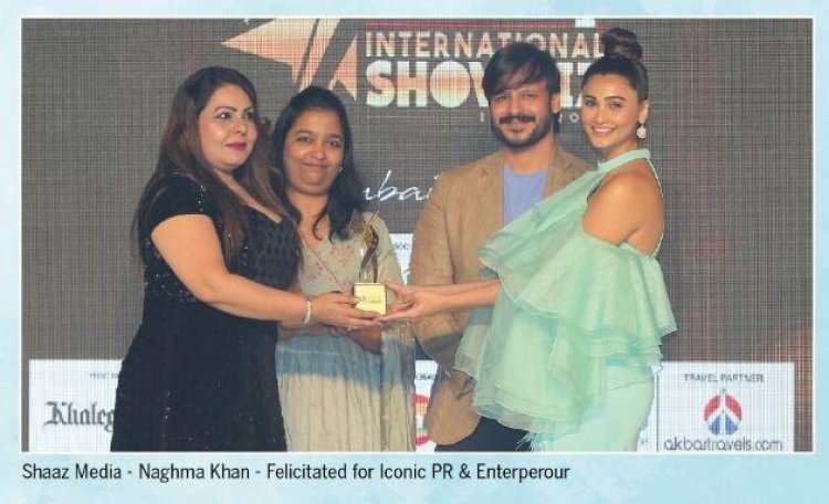 PRO Naghma Khan was honored with the Mid Day Showbiz Award at the hands of Vivek Oberoi and Daisy Shah, in Dubai